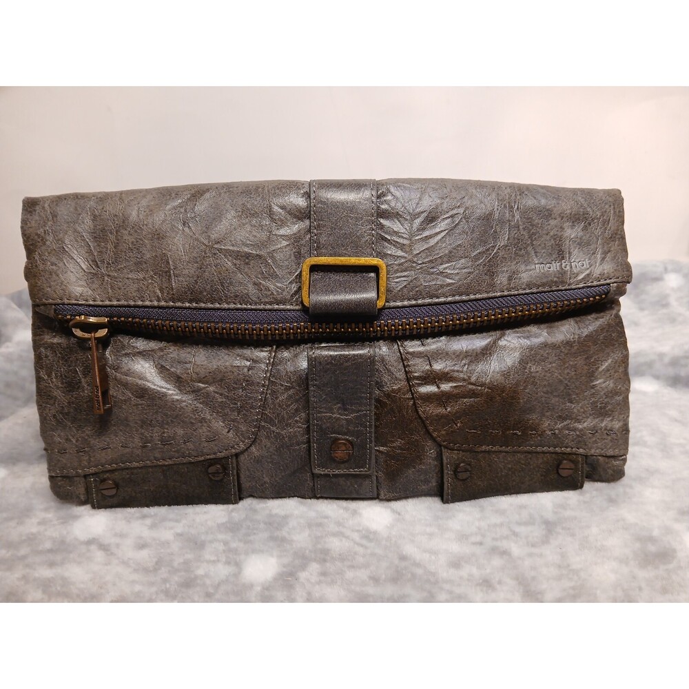 MATT & NAT Vegan Fold Over Clutch Bag w/ Zippers and Buckle - Brown Gray Taupe